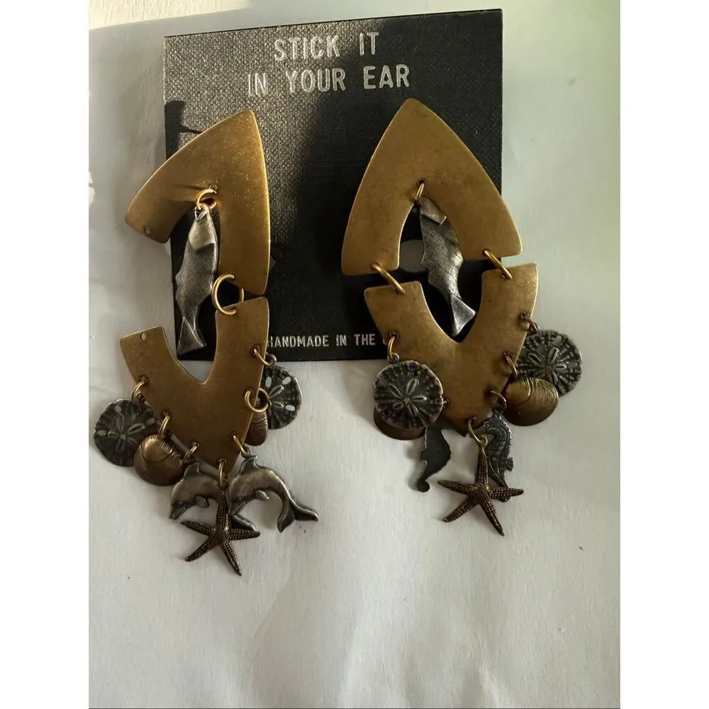 Dhdsc Women's Mixed-Metal Sea Life Charms Statement Dangle Earrings Gray Tan NWT